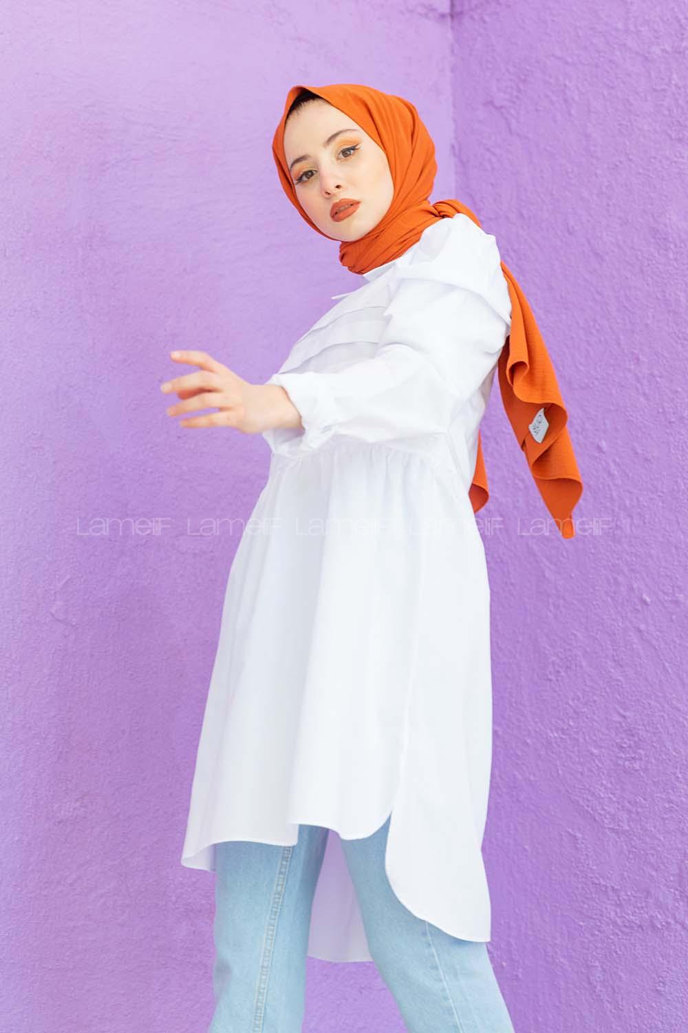 Modalamelif Gömlek Yaka Pileli Tunik Beyaz