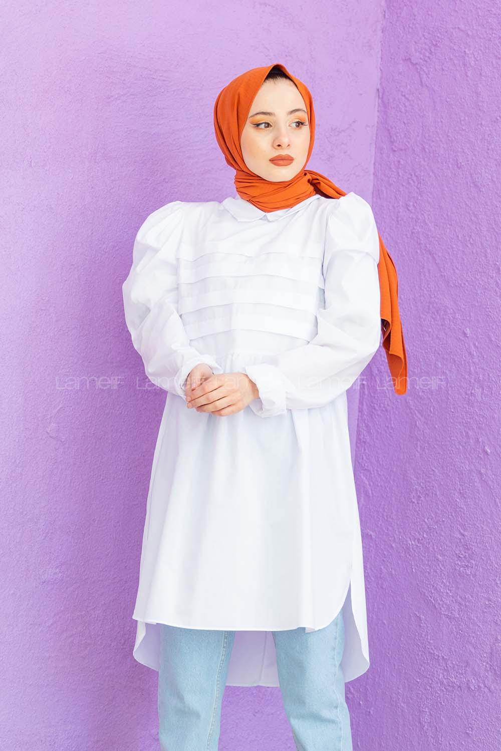 Modalamelif Gömlek Yaka Pileli Tunik Beyaz