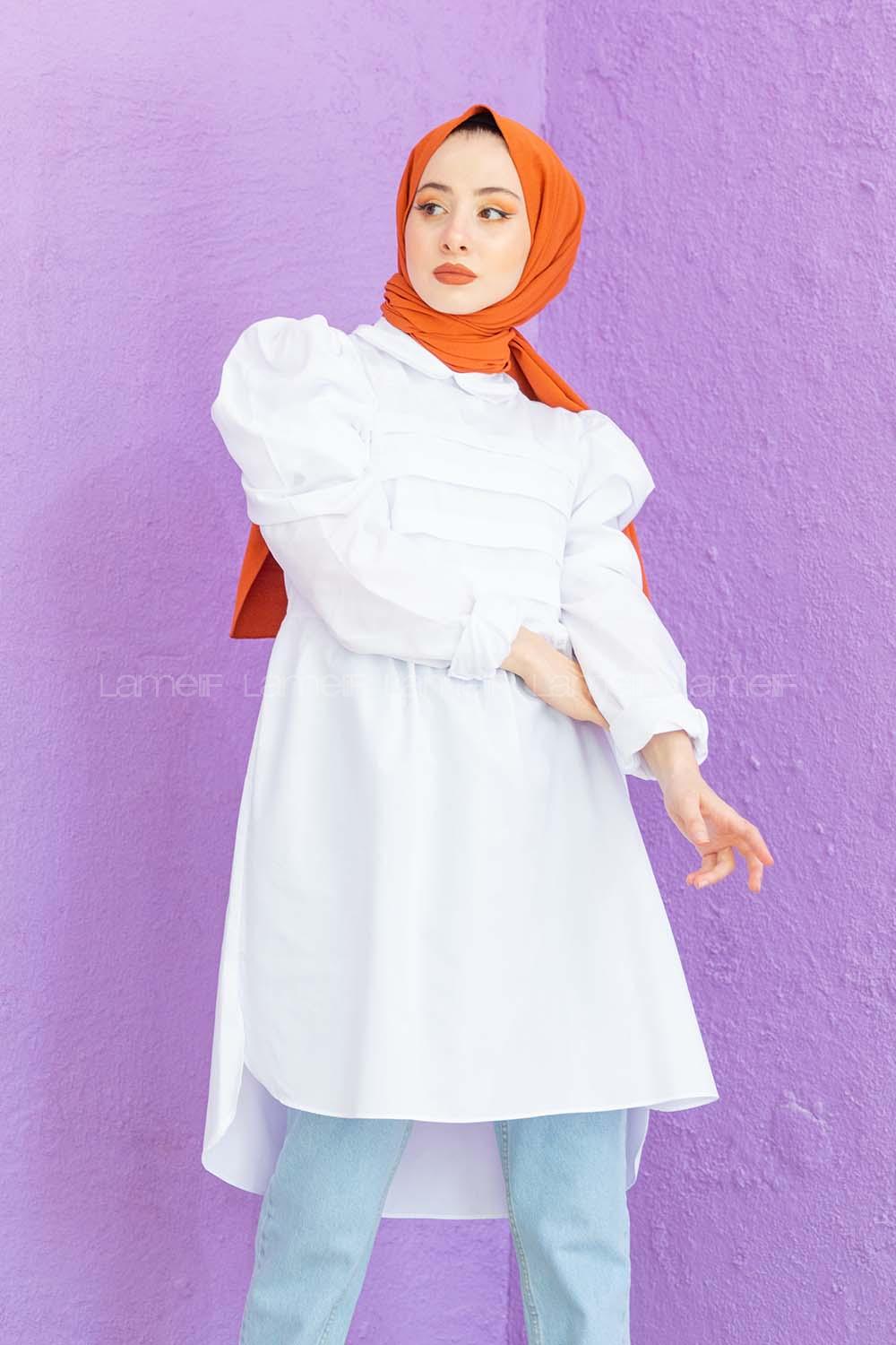 Modalamelif Gömlek Yaka Pileli Tunik Beyaz