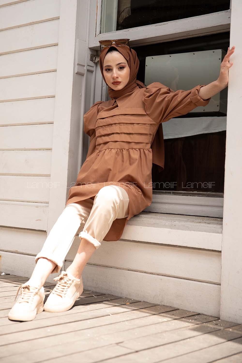 Modalamelif Gömlek Yaka Pileli Tunik Camel