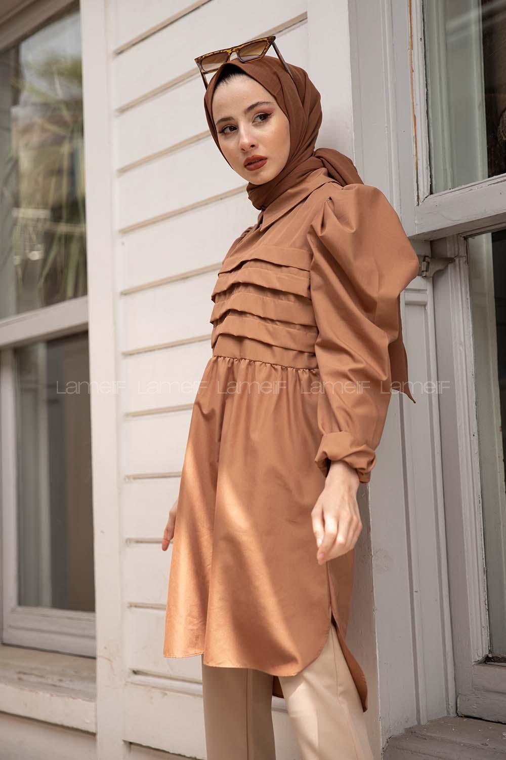 Modalamelif Gömlek Yaka Pileli Tunik Camel