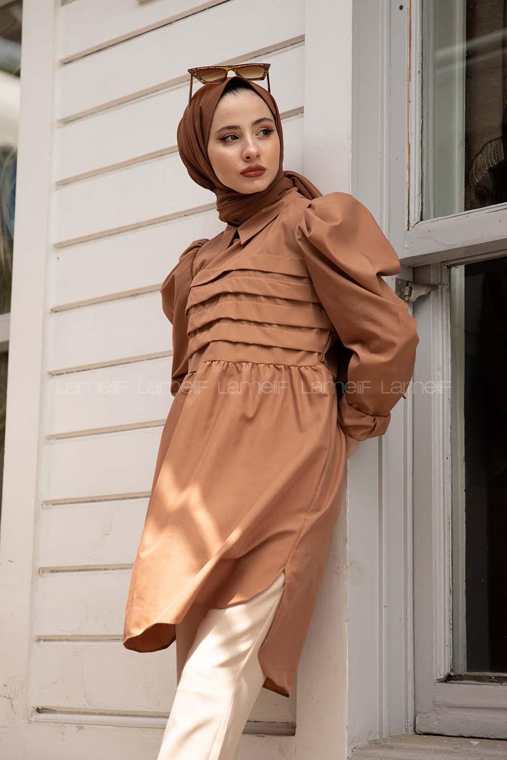 Modalamelif Gömlek Yaka Pileli Tunik Camel
