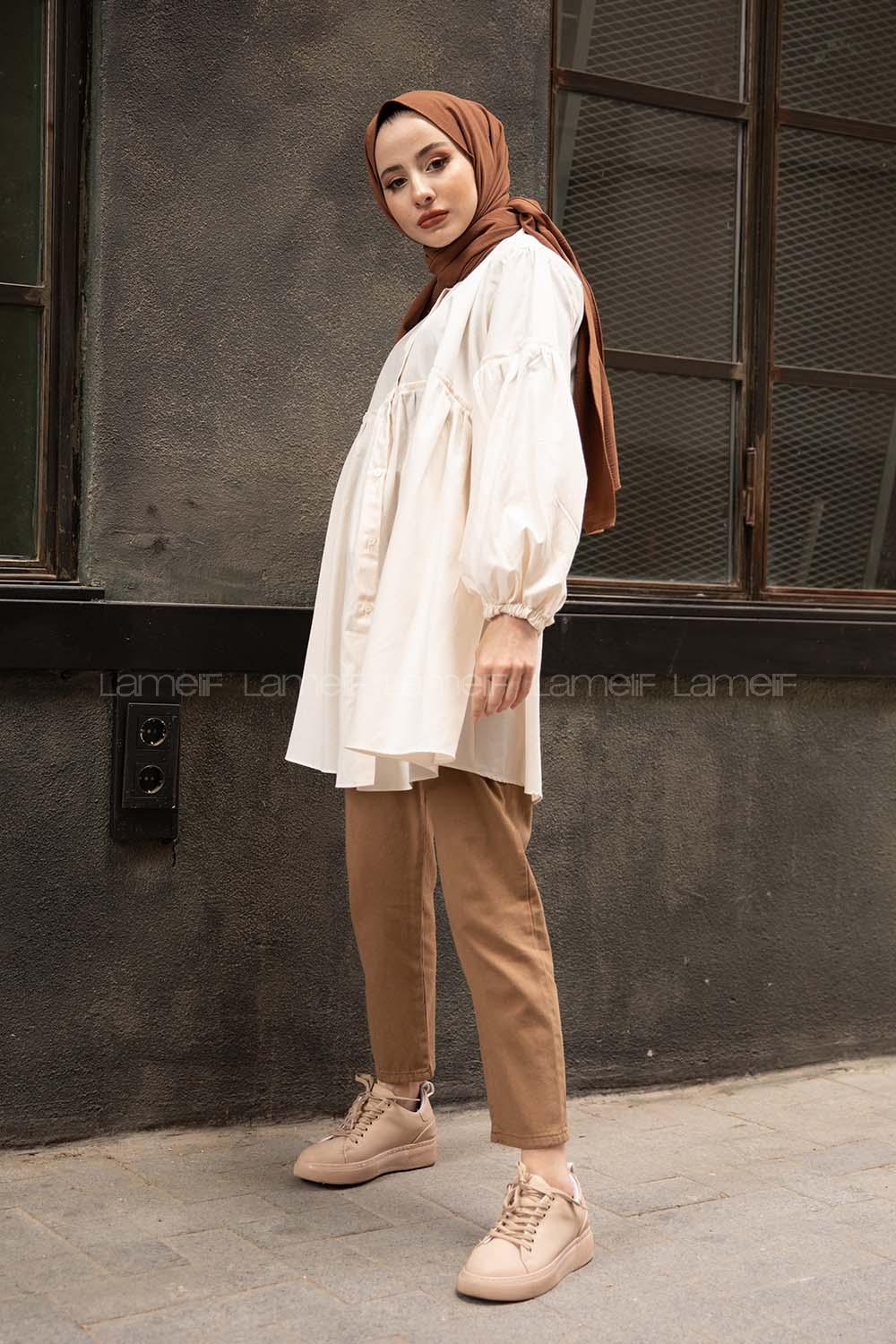 Modalamelif Hakim Yaka Fırfırlı Tunik Krem