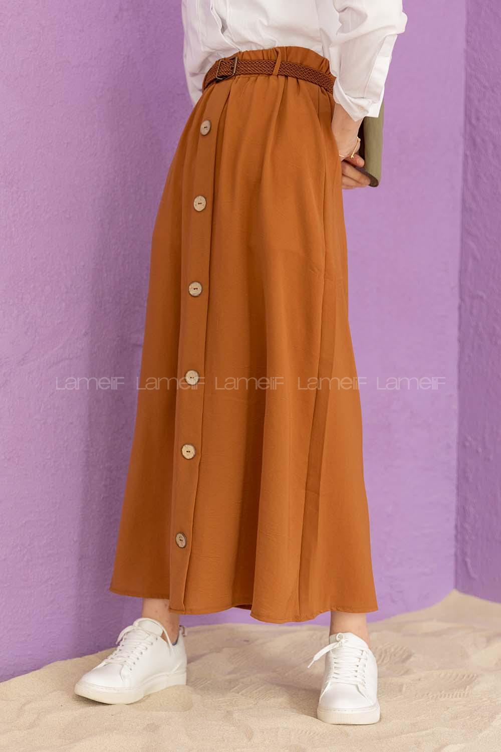 Modalamelif Hasır Kemerli Düğmeli Etek Kahverengi