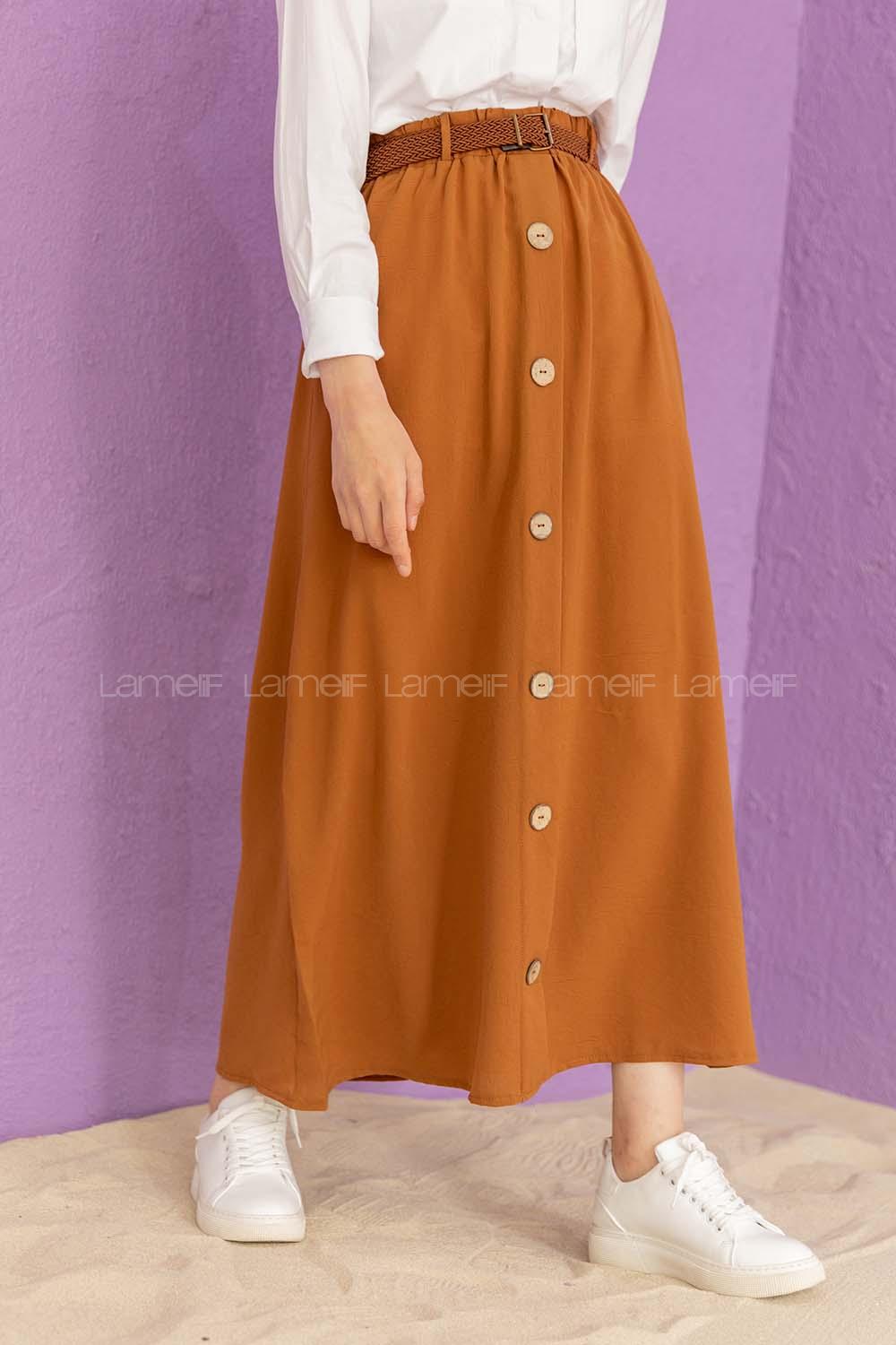 Modalamelif Hasır Kemerli Düğmeli Etek Kahverengi