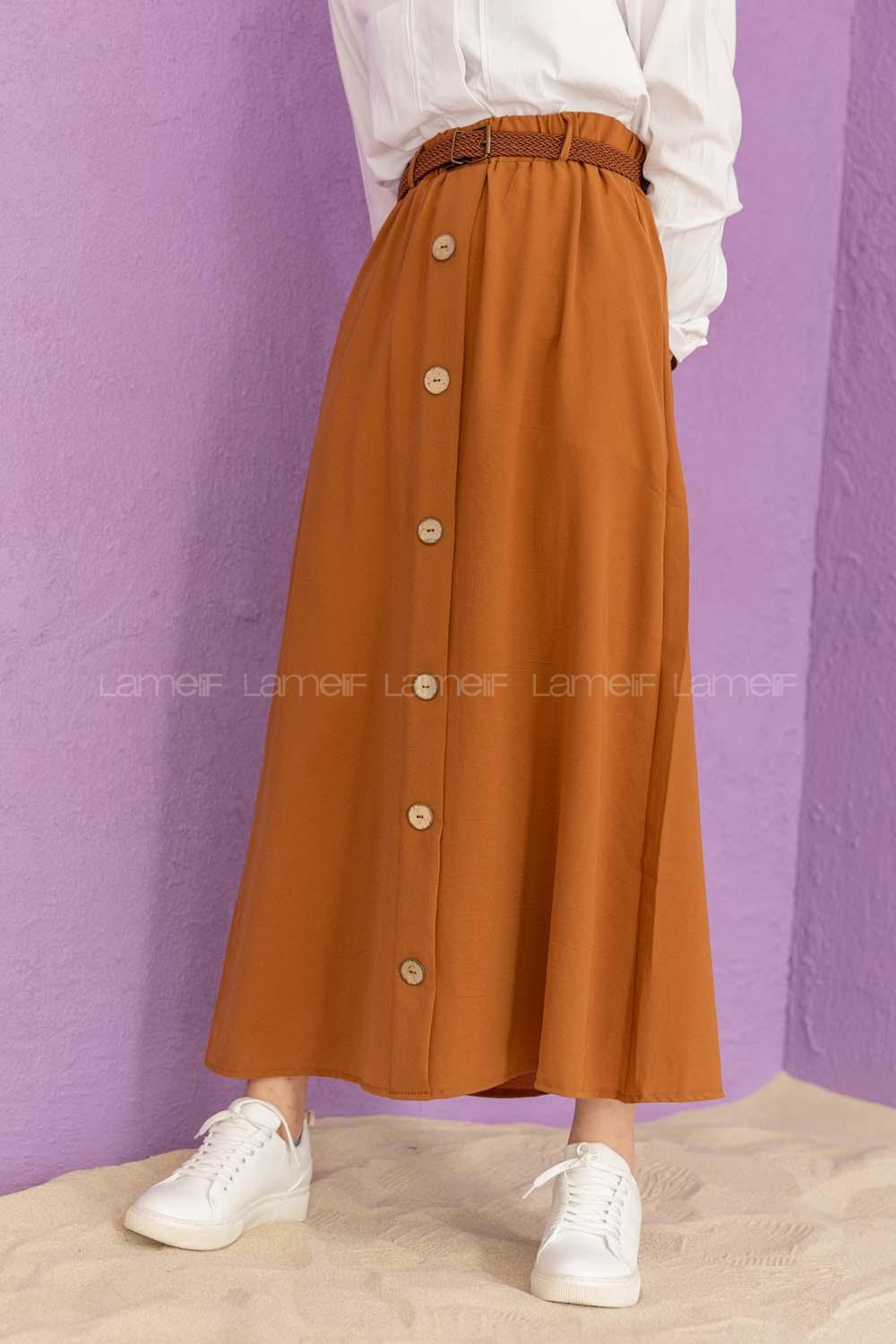 Modalamelif Hasır Kemerli Düğmeli Etek Kahverengi