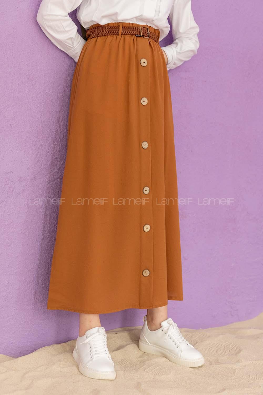 Modalamelif Hasır Kemerli Düğmeli Etek Kahverengi