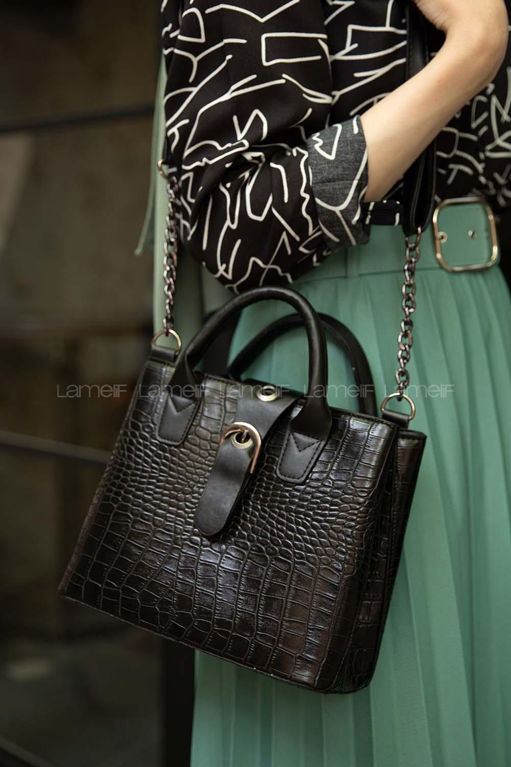 Modalamelif Andora Damarlı Deri Kol Çantası  Siyah