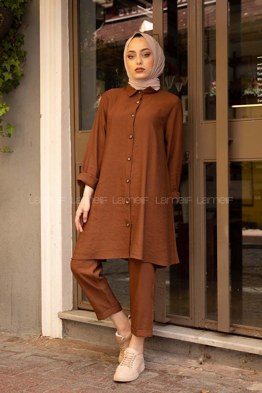 Modalamelif Önü Düğmeli İkili Takım Acı Kahve