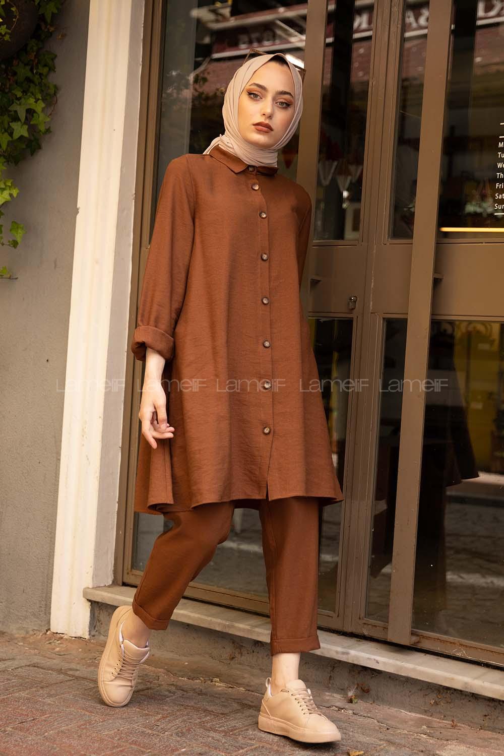 Modalamelif Önü Düğmeli İkili Takım Acı Kahve