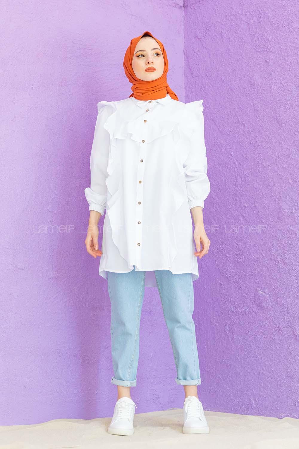 Modalamelif Önü Pileli Gömlek Beyaz