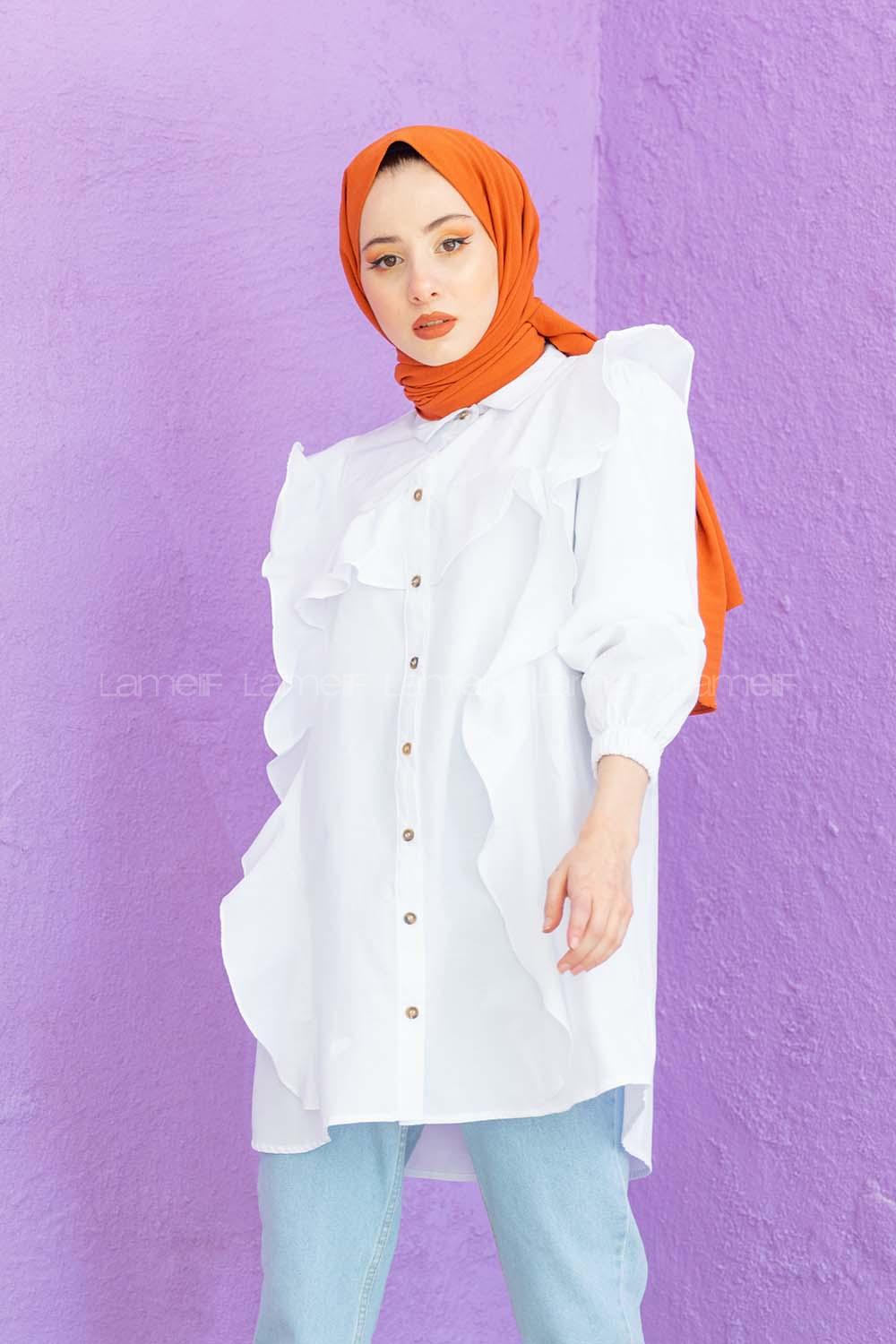 Modalamelif Önü Pileli Gömlek Beyaz