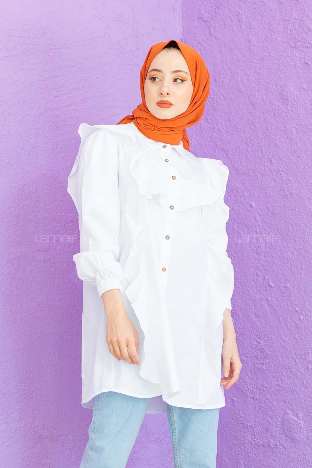 Modalamelif Önü Pileli Gömlek Beyaz