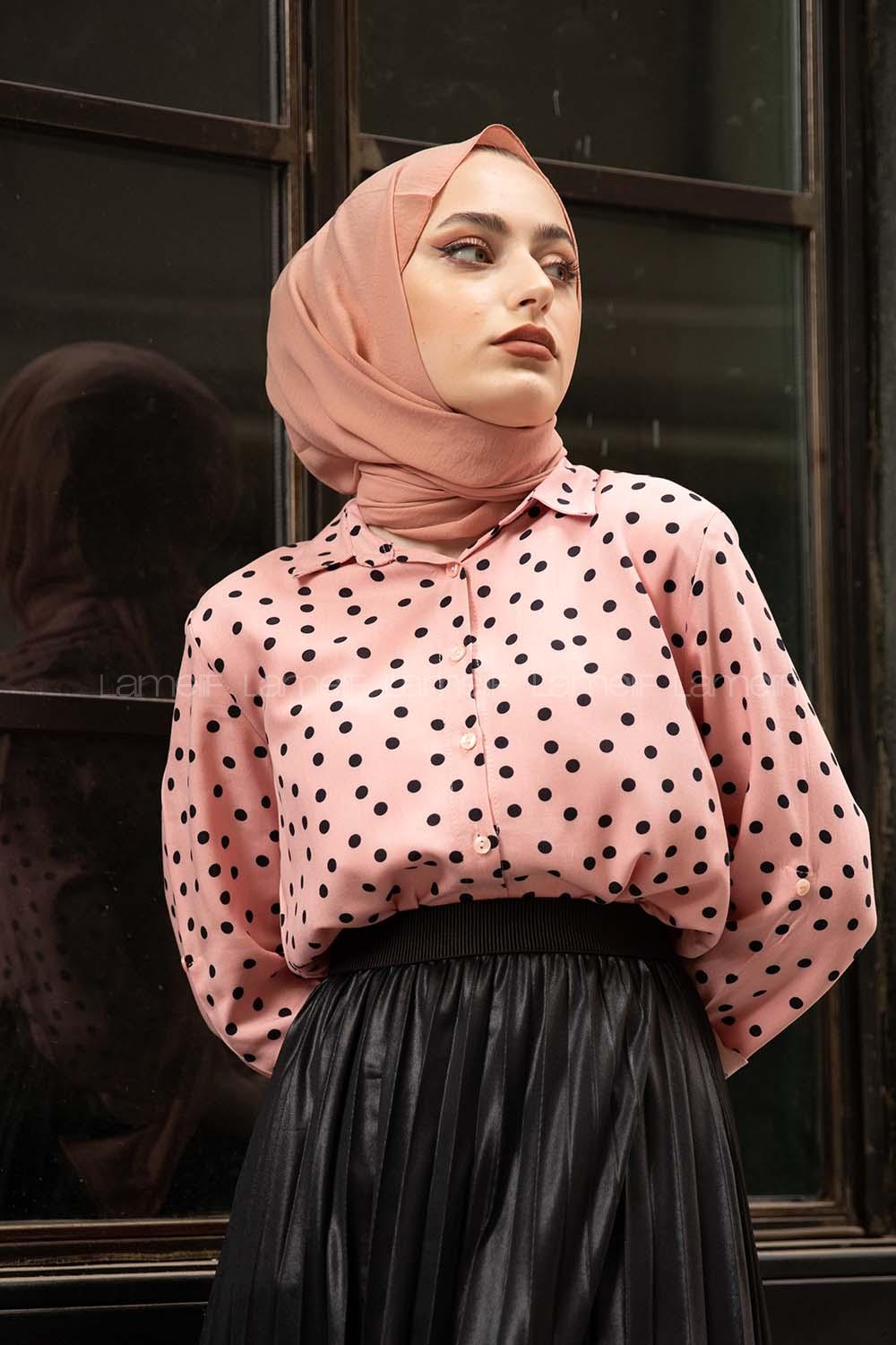 Modalamelif Puantiyeli Gömlek Pudra