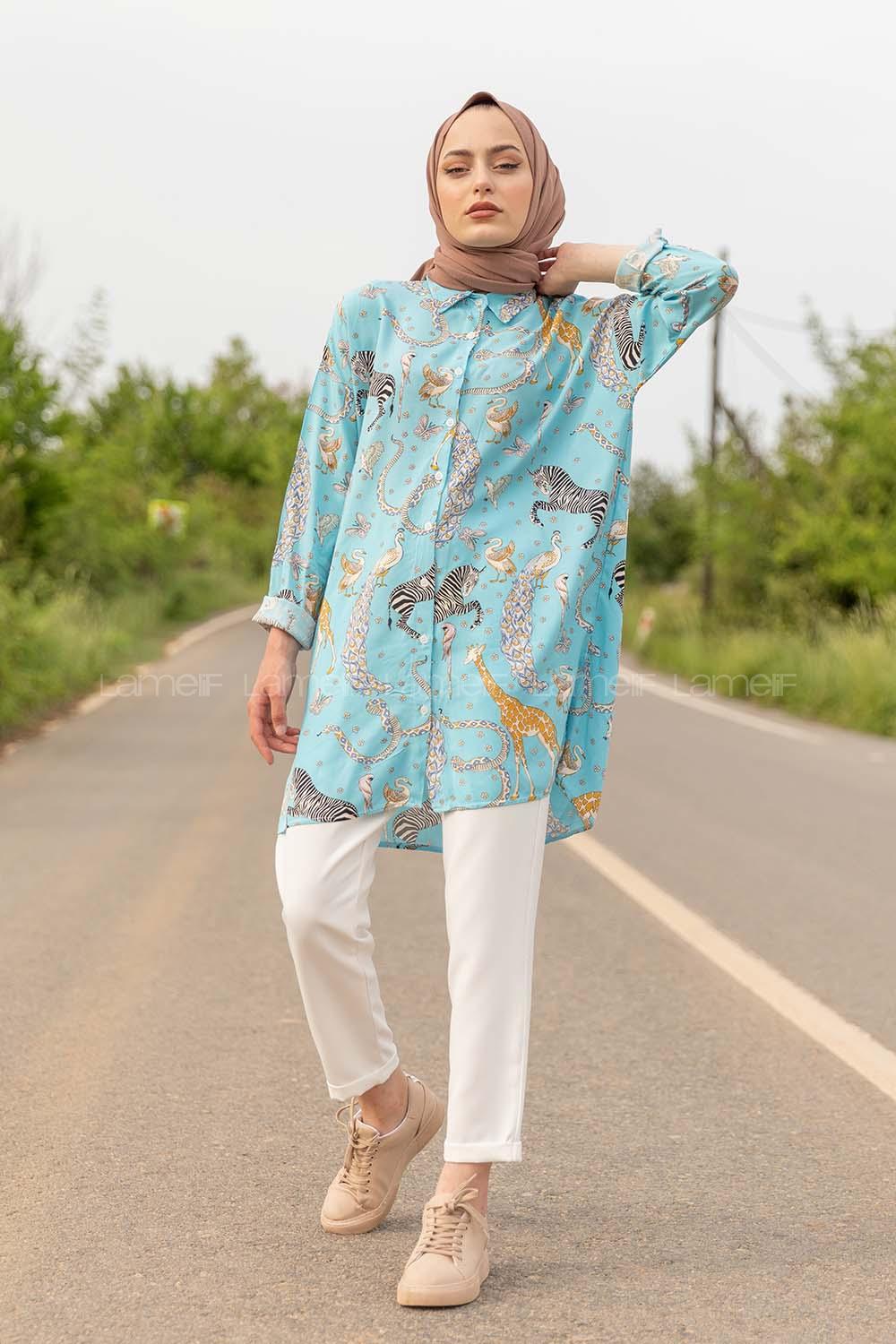 Modalamelif Animal Desen Gömlek Gömlek Bebe Mavisi