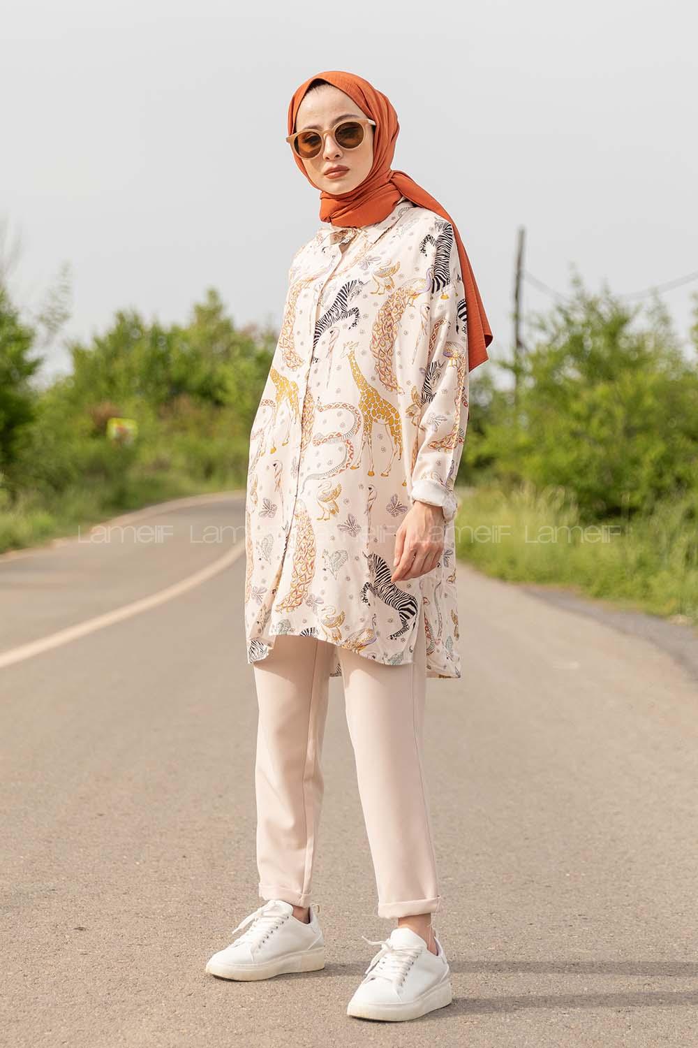 Modalamelif Animal Desen Gömlek Gömlek Ekru