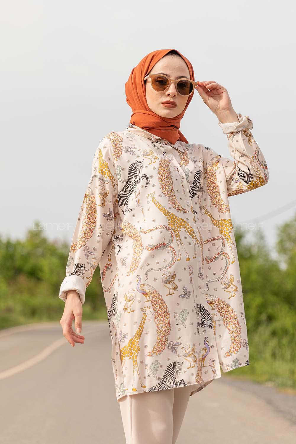 Modalamelif Animal Desen Gömlek Gömlek Ekru