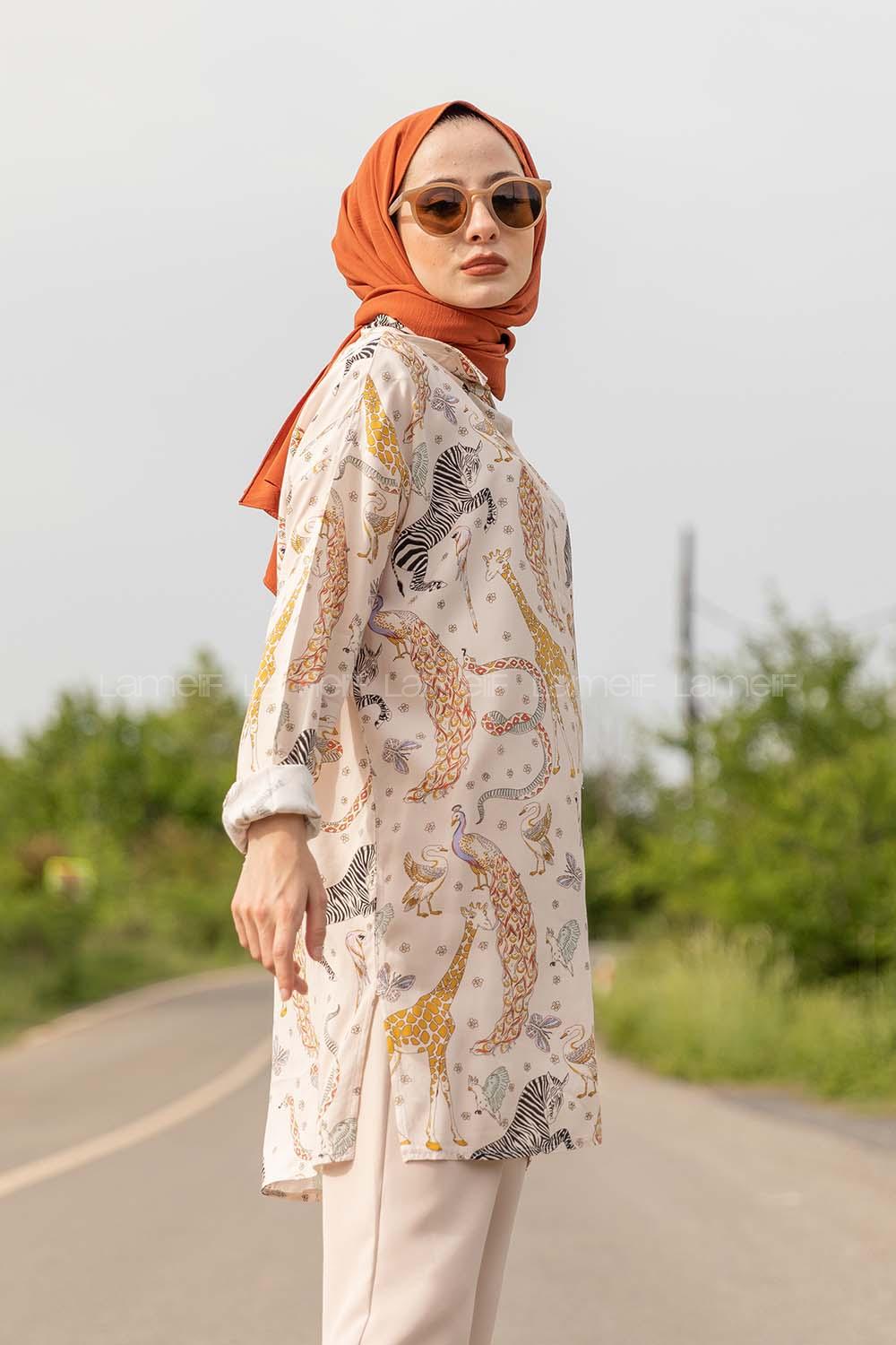 Modalamelif Animal Desen Gömlek Gömlek Ekru