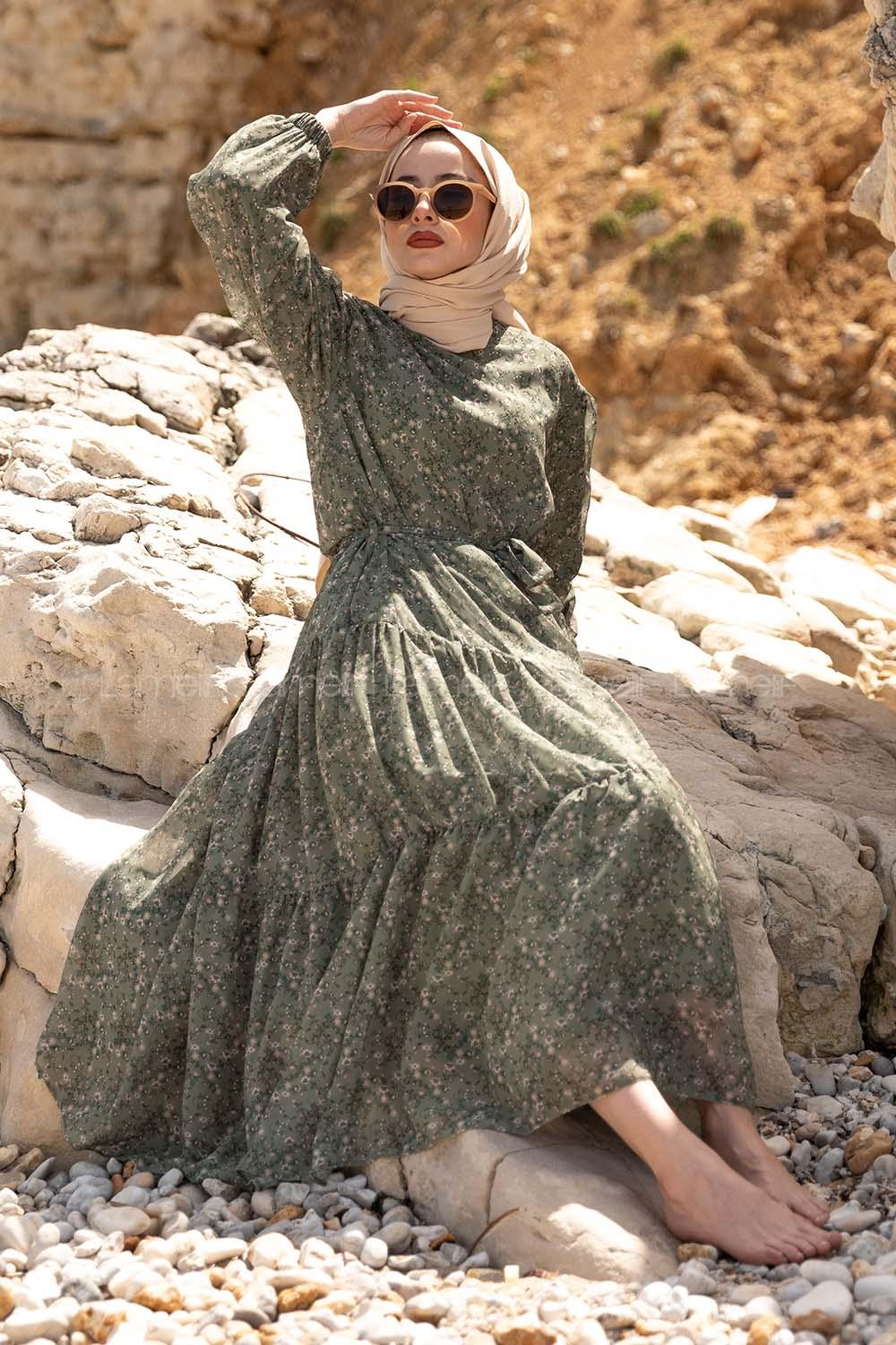 Modalamelif Çiçek Desen Fırfırli Elbise Yeşil