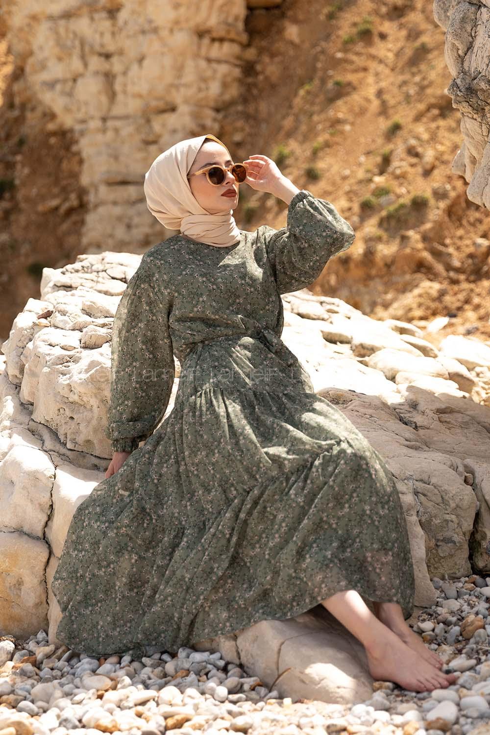 Modalamelif Çiçek Desen Fırfırli Elbise Yeşil