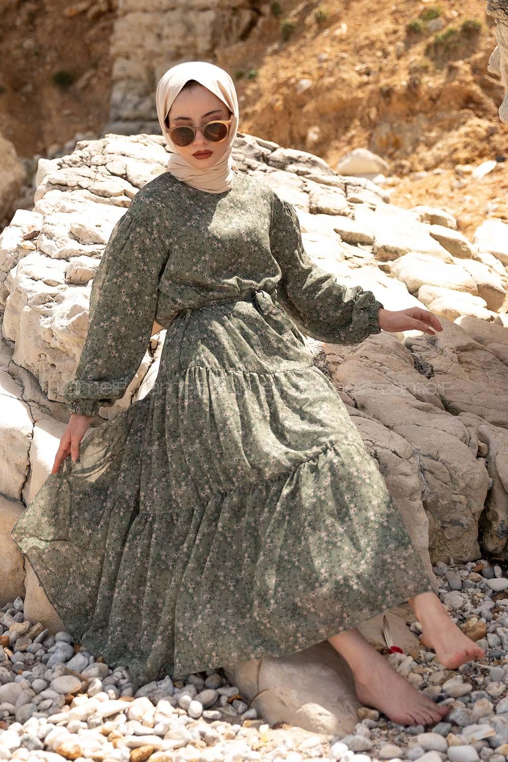 Modalamelif Çiçek Desen Fırfırli Elbise Yeşil