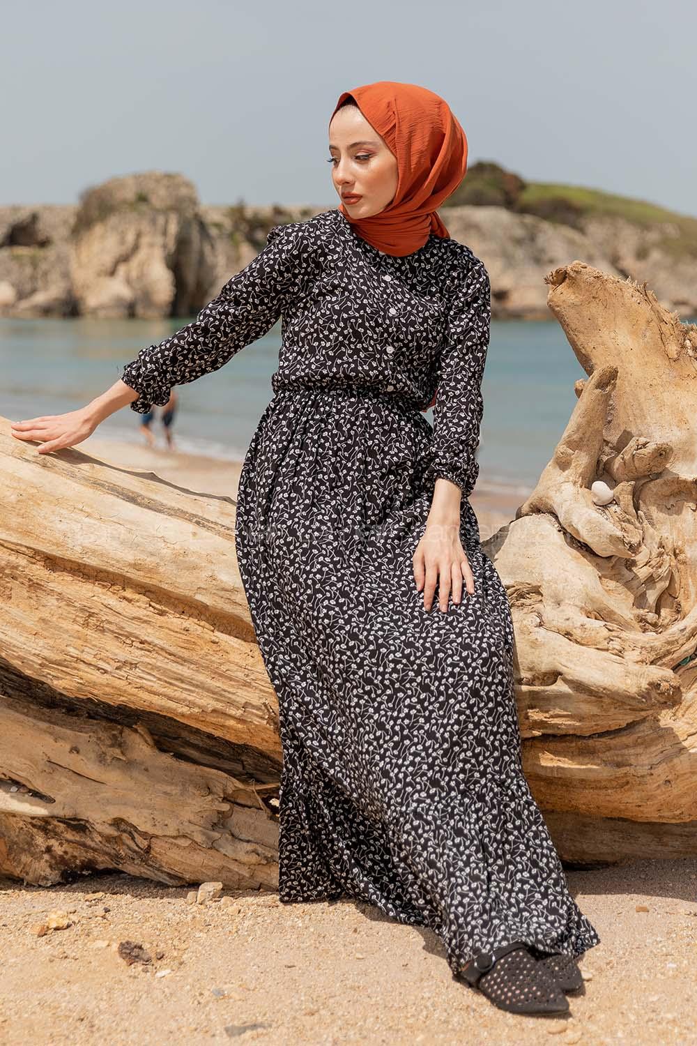 Modalamelif Çiçek Desenli Elbise Siyah