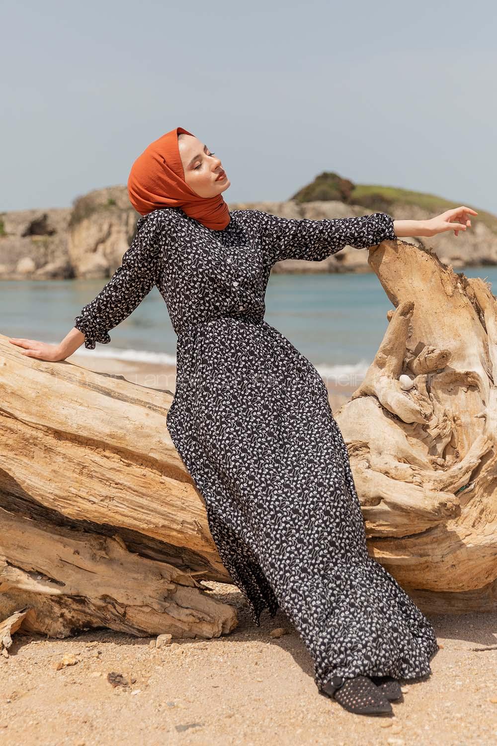 Modalamelif Çiçek Desenli Elbise Siyah