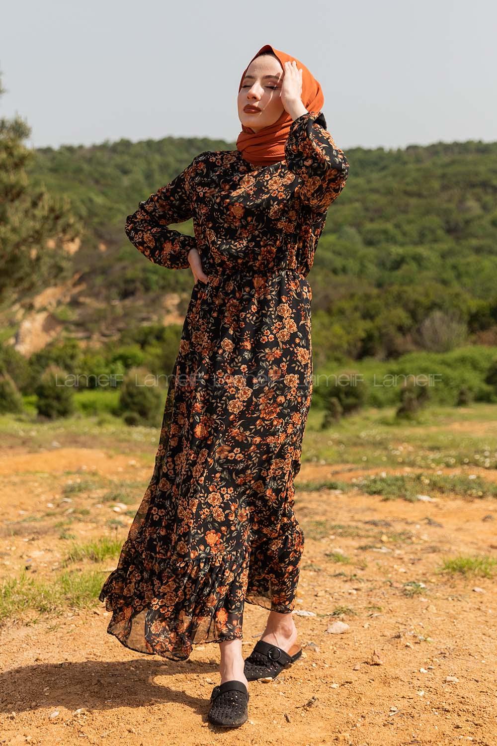 Modalamelif  Desenli  Elbise Kahverengi