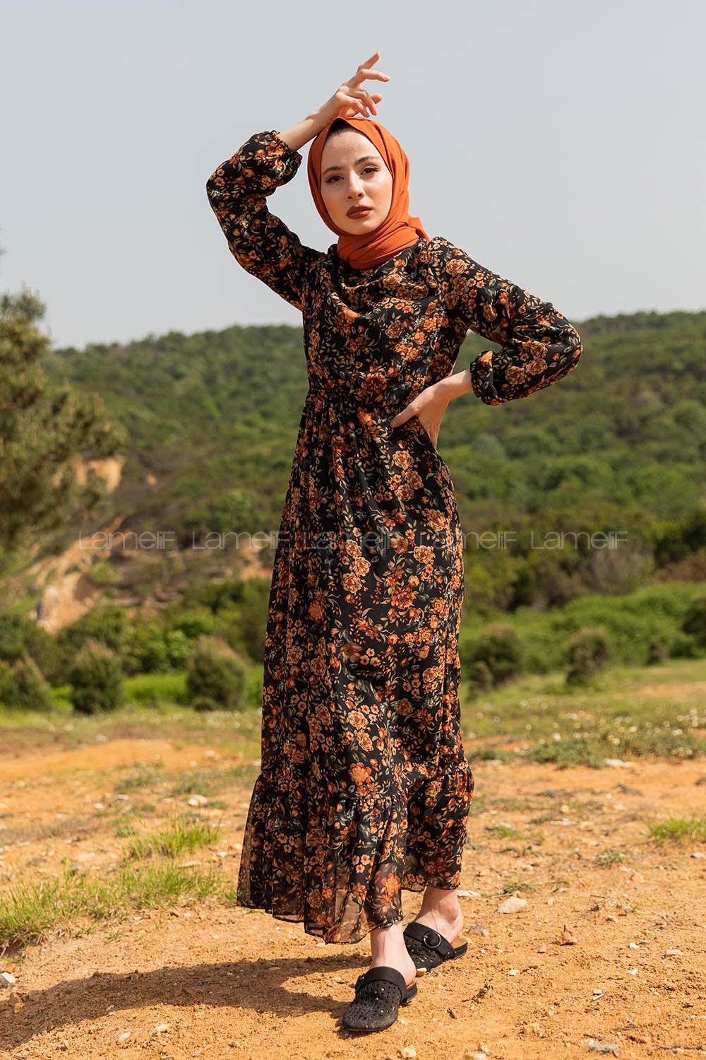 Modalamelif  Desenli  Elbise Kahverengi