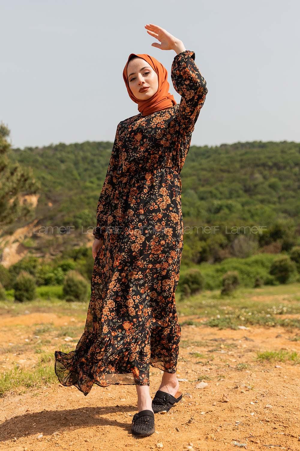 Modalamelif  Desenli  Elbise Kahverengi