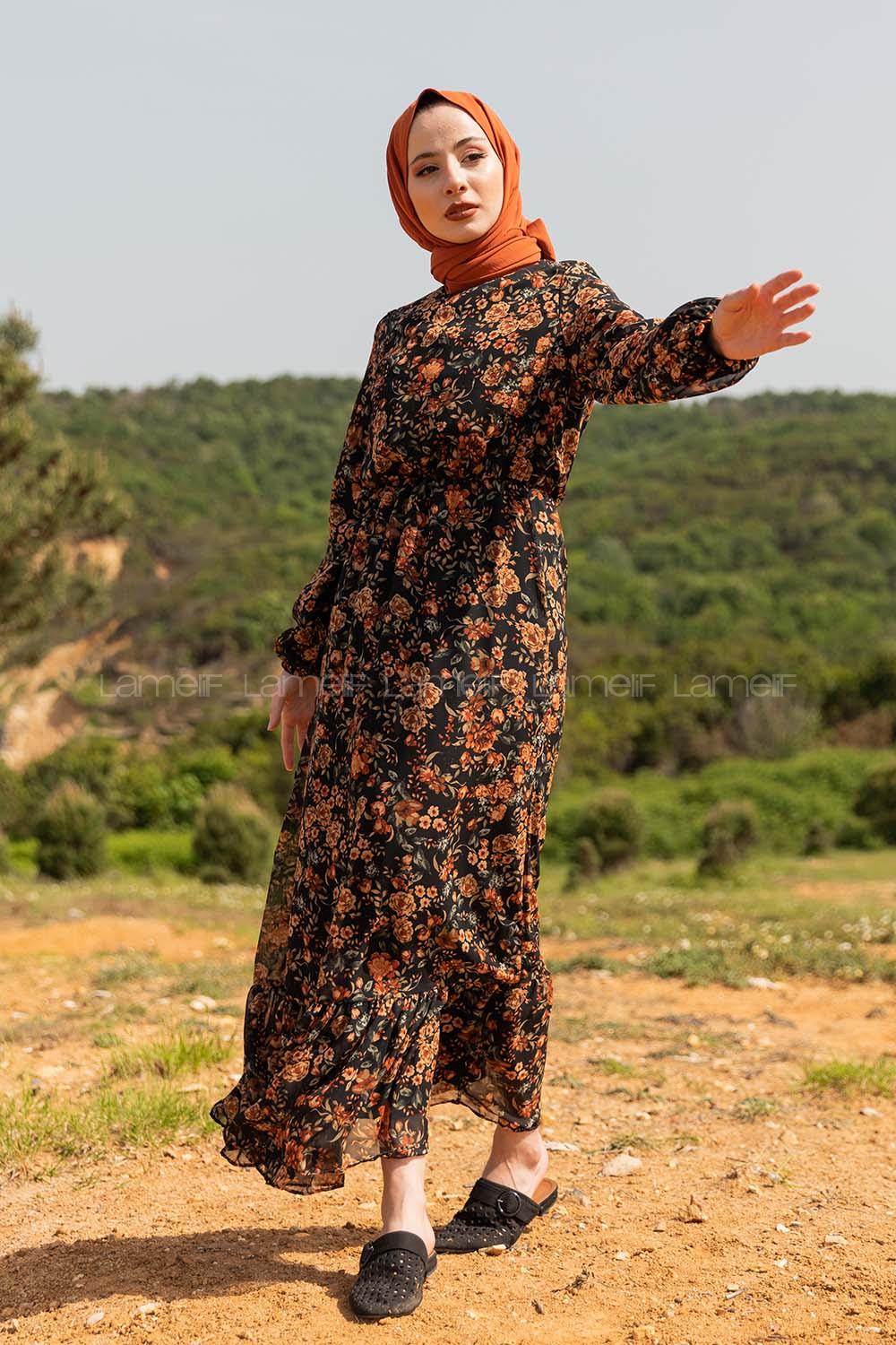 Modalamelif  Desenli  Elbise Kahverengi