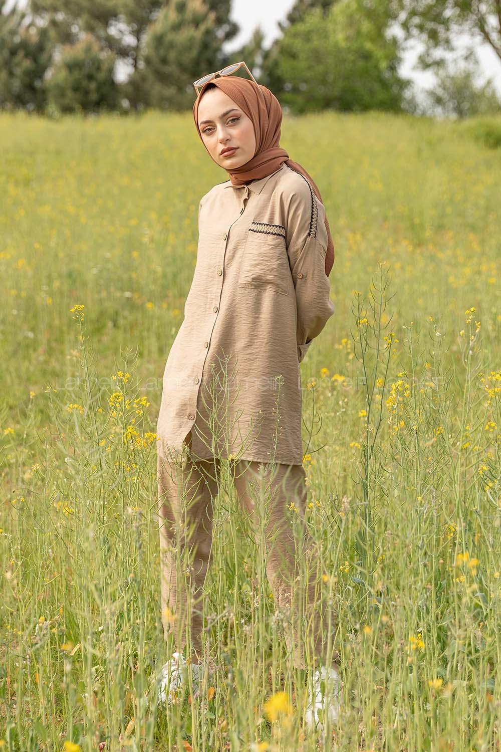 Modalamelif Hasır Şeritli İkili Takım Vizonrengi