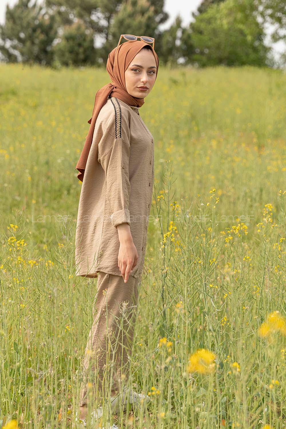 Modalamelif Hasır Şeritli İkili Takım Vizonrengi