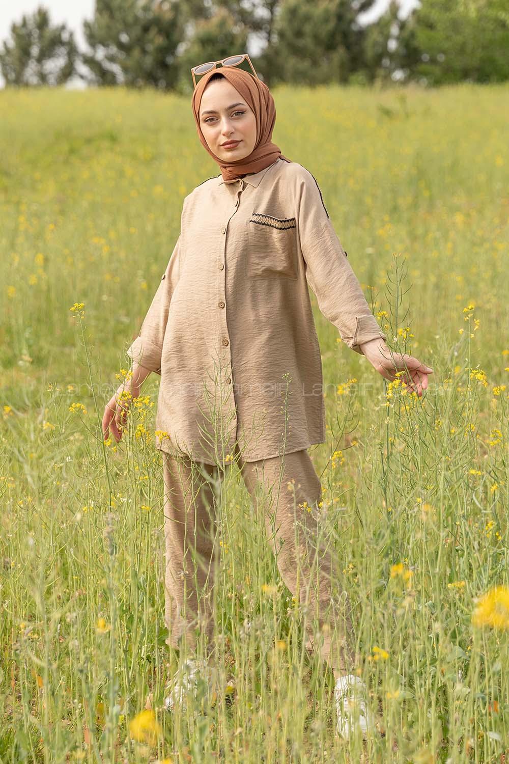 Modalamelif Hasır Şeritli İkili Takım Vizonrengi