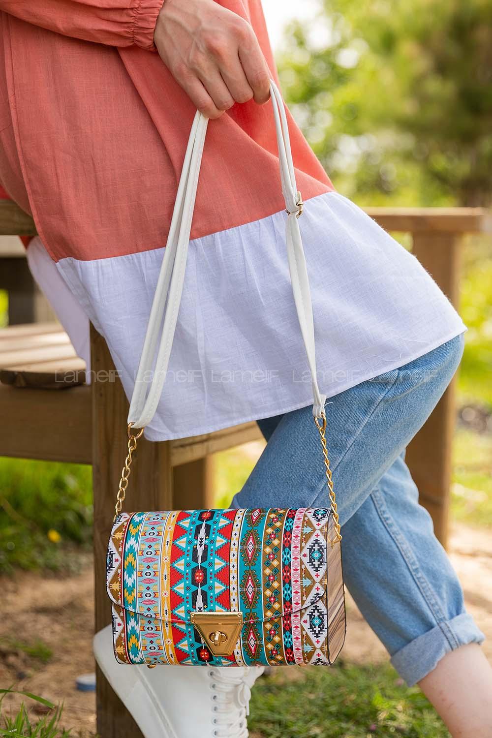 Modalamelif Kilim Desen Çapraz Çanta Ekru