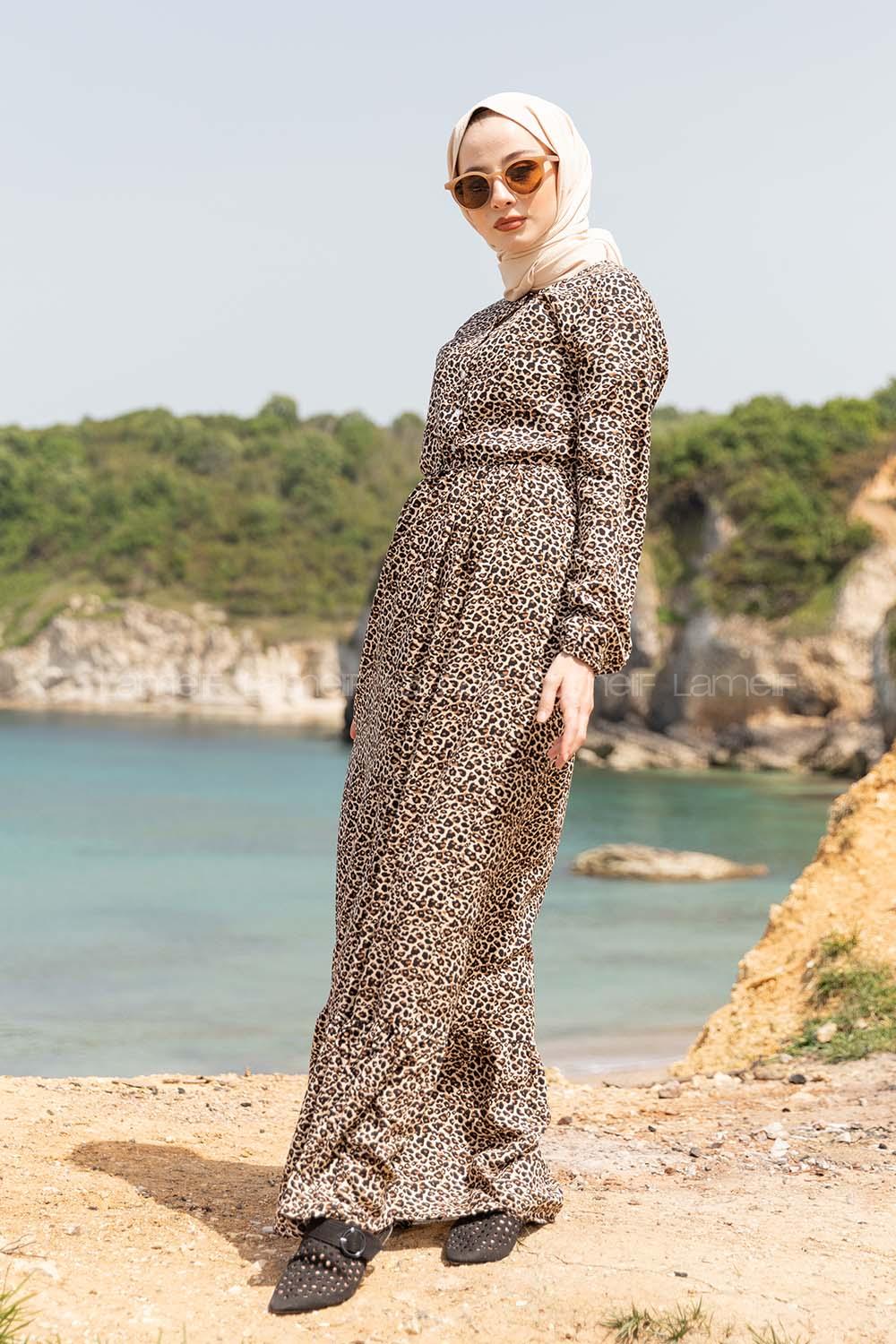 Modalamelif Leopar Desenli Elbise Bej