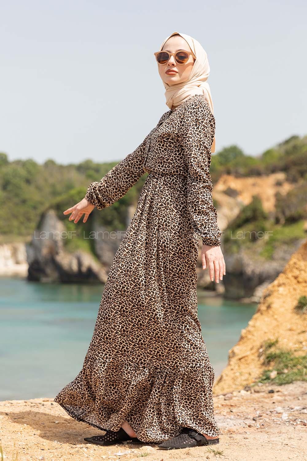 Modalamelif Leopar Desenli Elbise Bej