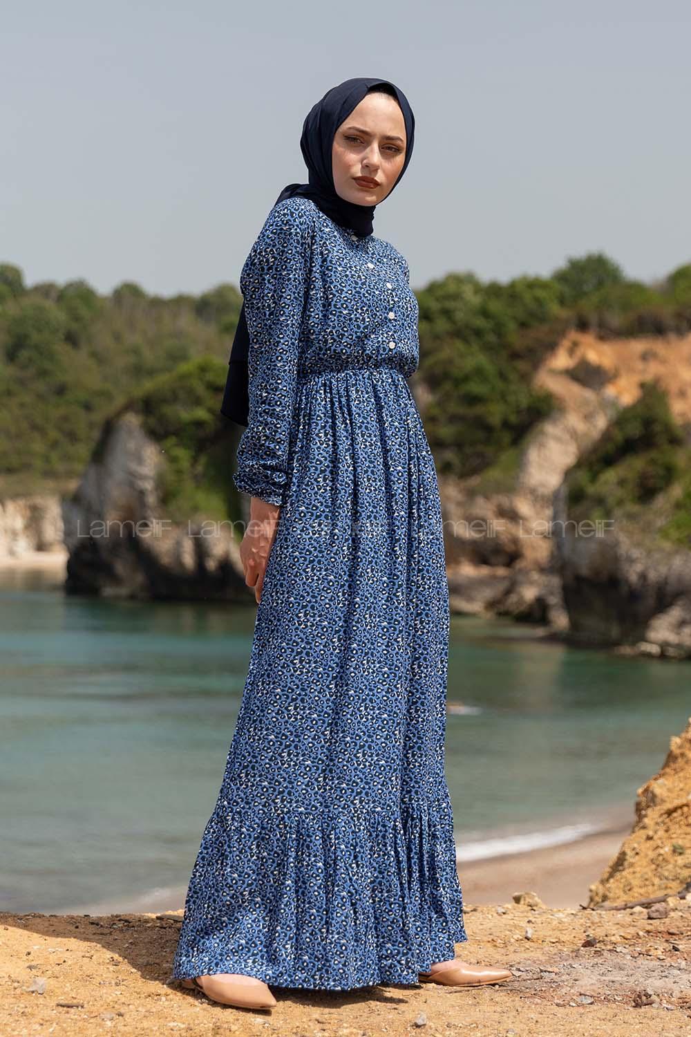 Modalamelif Leopar Desenli Elbise İndigo