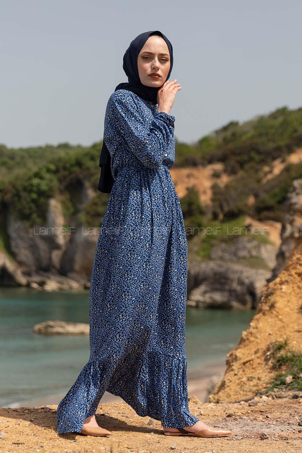 Modalamelif Leopar Desenli Elbise İndigo