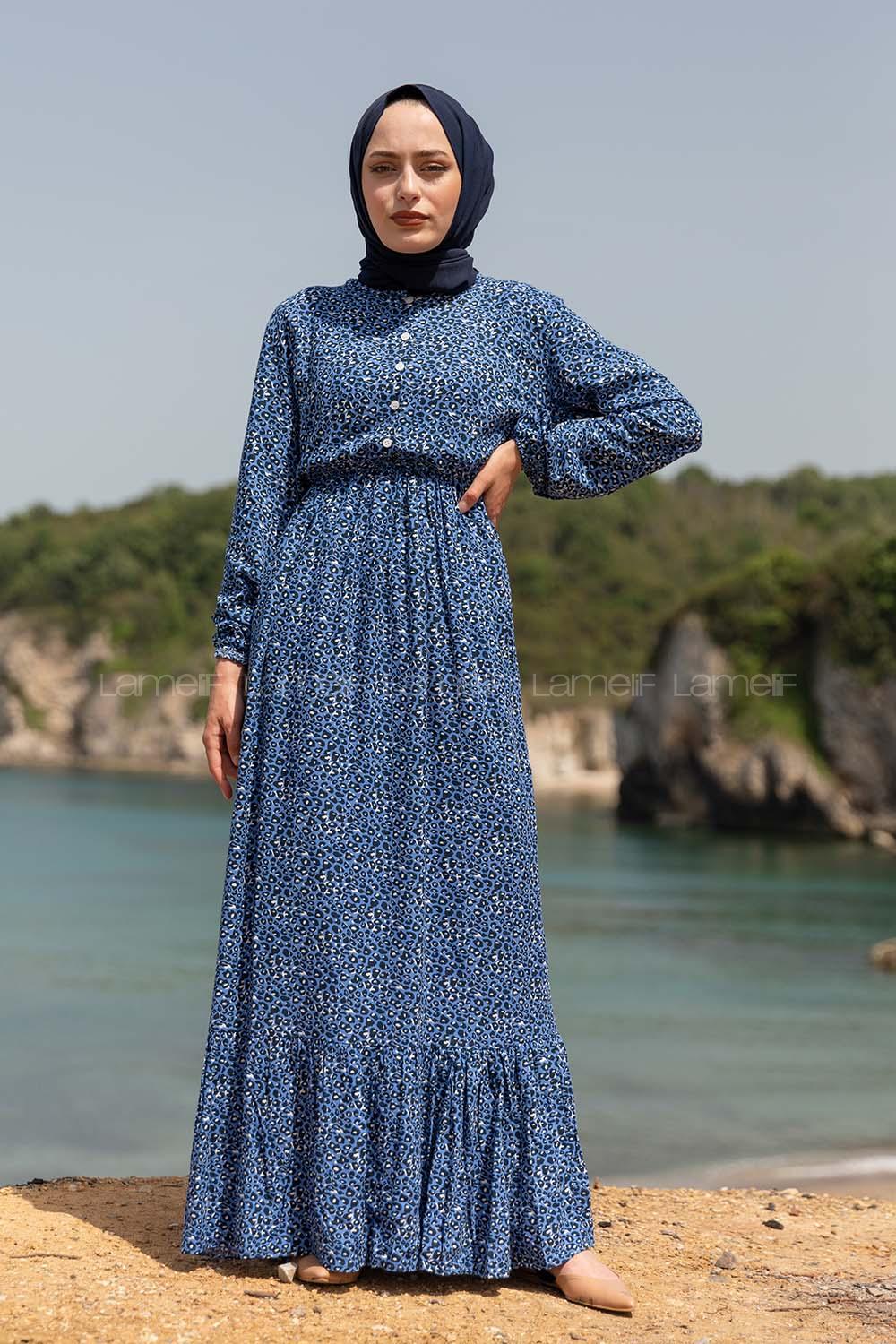 Modalamelif Leopar Desenli Elbise İndigo