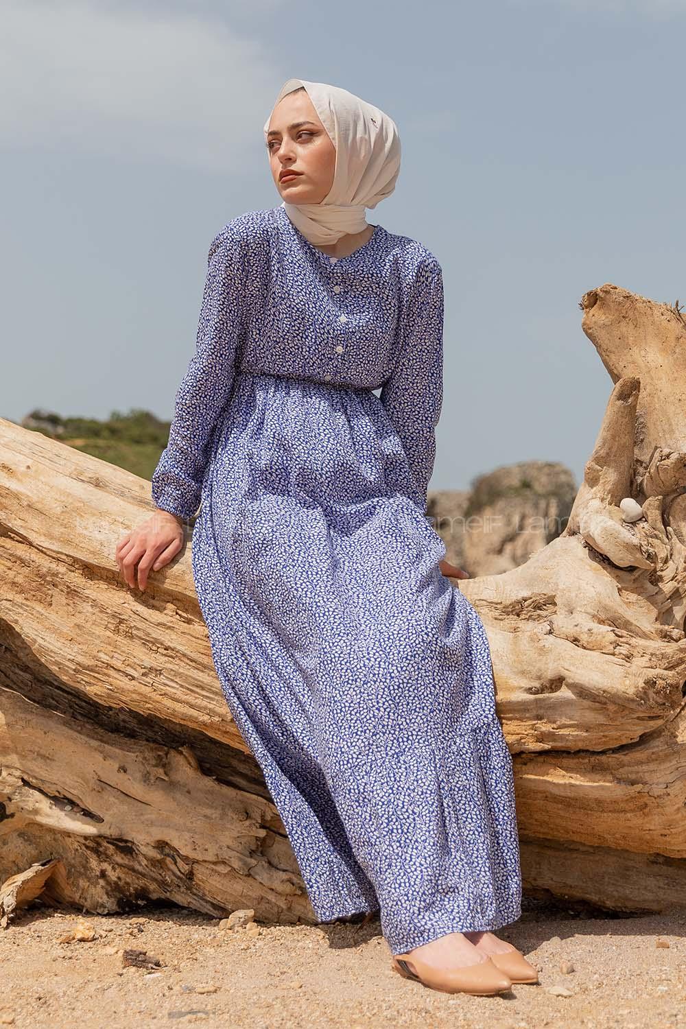 Modalamelif Mini Yaprak Desenli Elbise Mavi