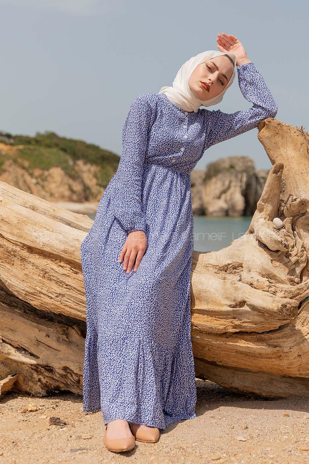 Modalamelif Mini Yaprak Desenli Elbise Mavi