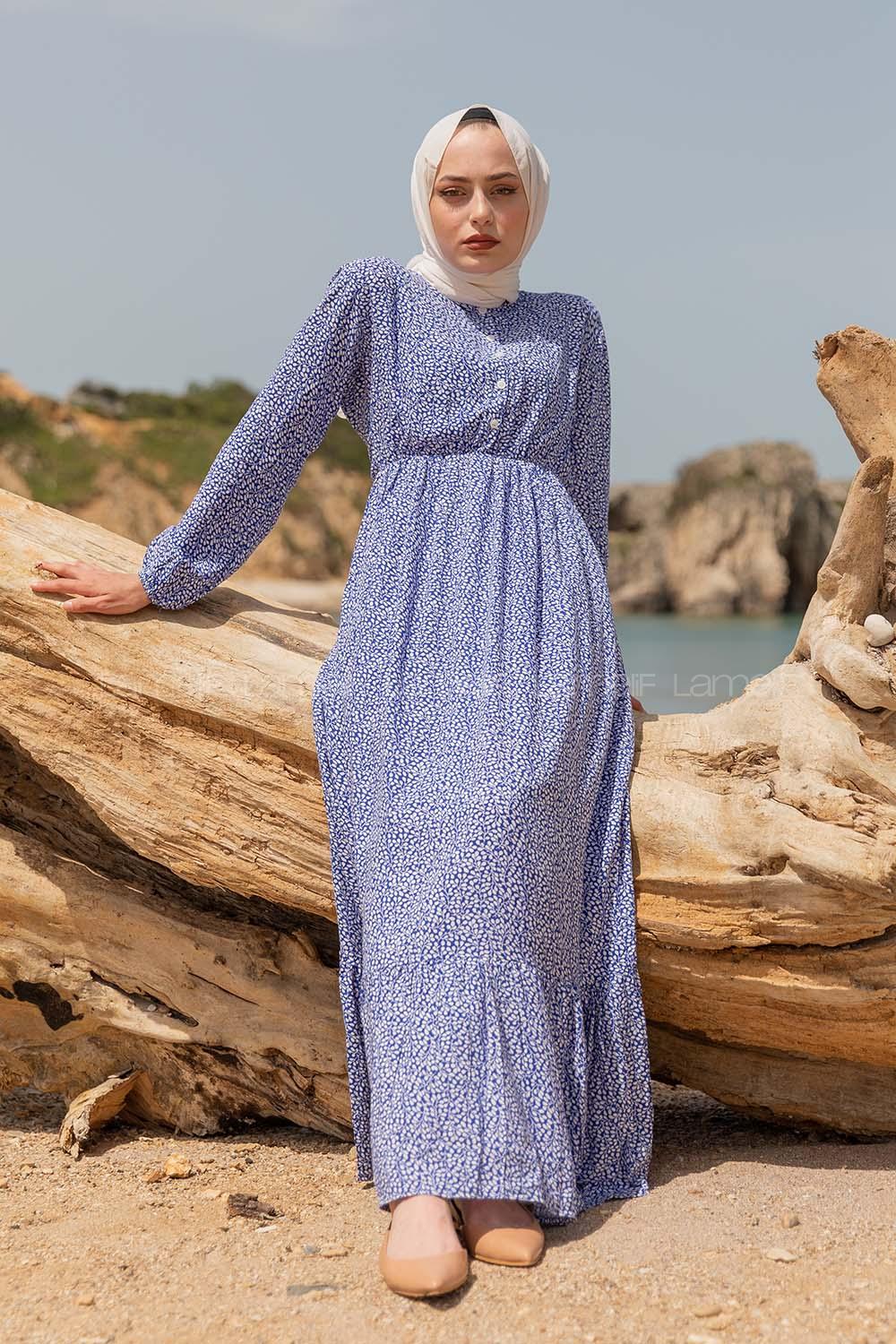 Modalamelif Mini Yaprak Desenli Elbise Mavi