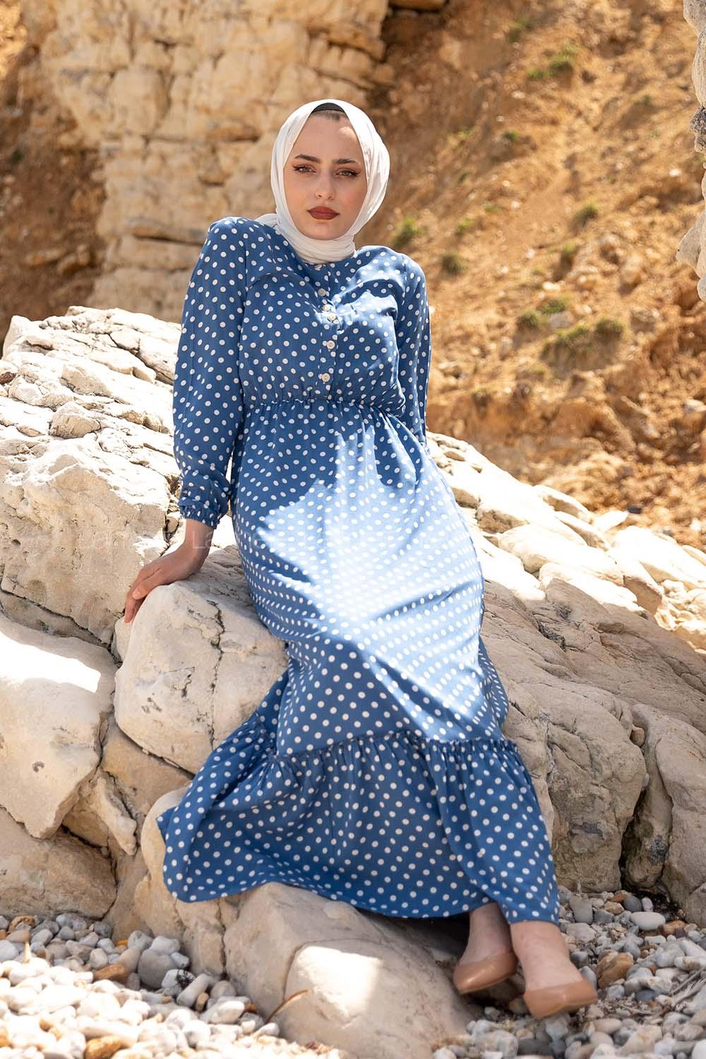 Modalamelif Puantiye Desenli  Elbise Mavi