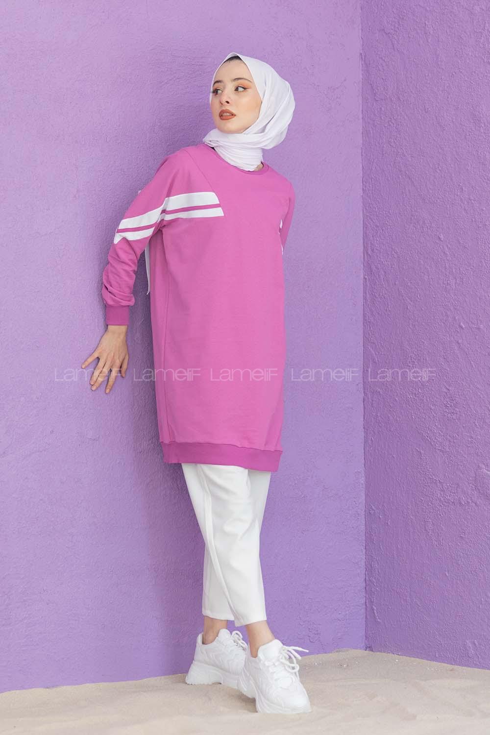 Modalamelif Şeritli Sweatshirt Fuşya