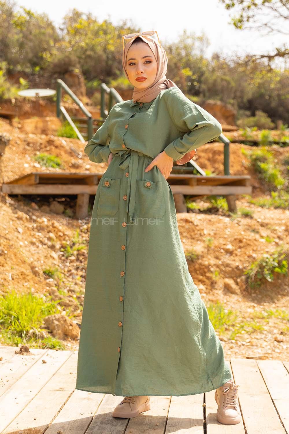 Modalamelif Tahta Düğmeli Ayrobin Elbise Çağla Yeşili