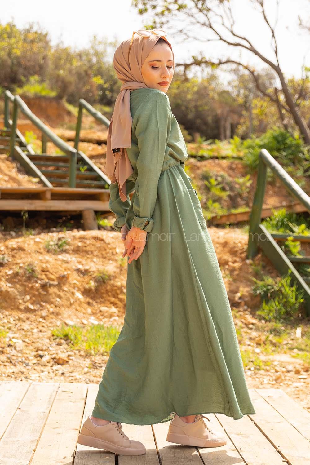 Modalamelif Tahta Düğmeli Ayrobin Elbise Çağla Yeşili