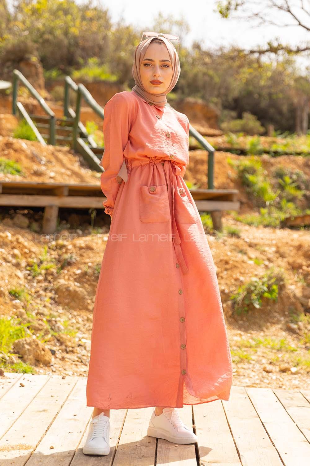 Modalamelif Tahta Düğmeli Ayrobin Elbise Gül