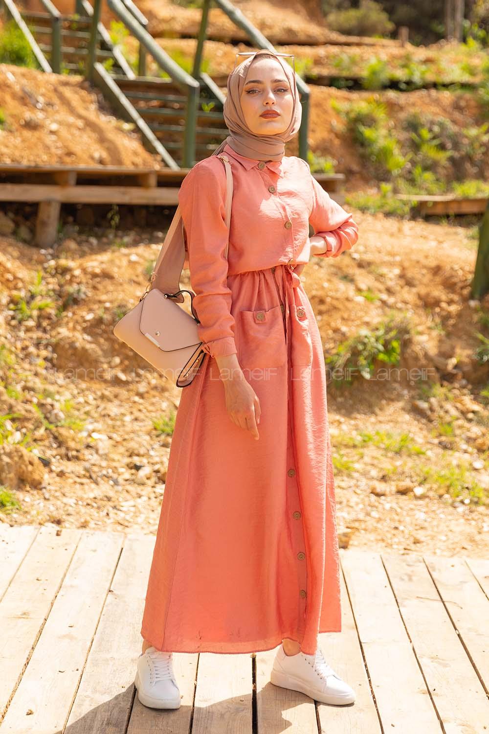 Modalamelif Tahta Düğmeli Ayrobin Elbise Gül