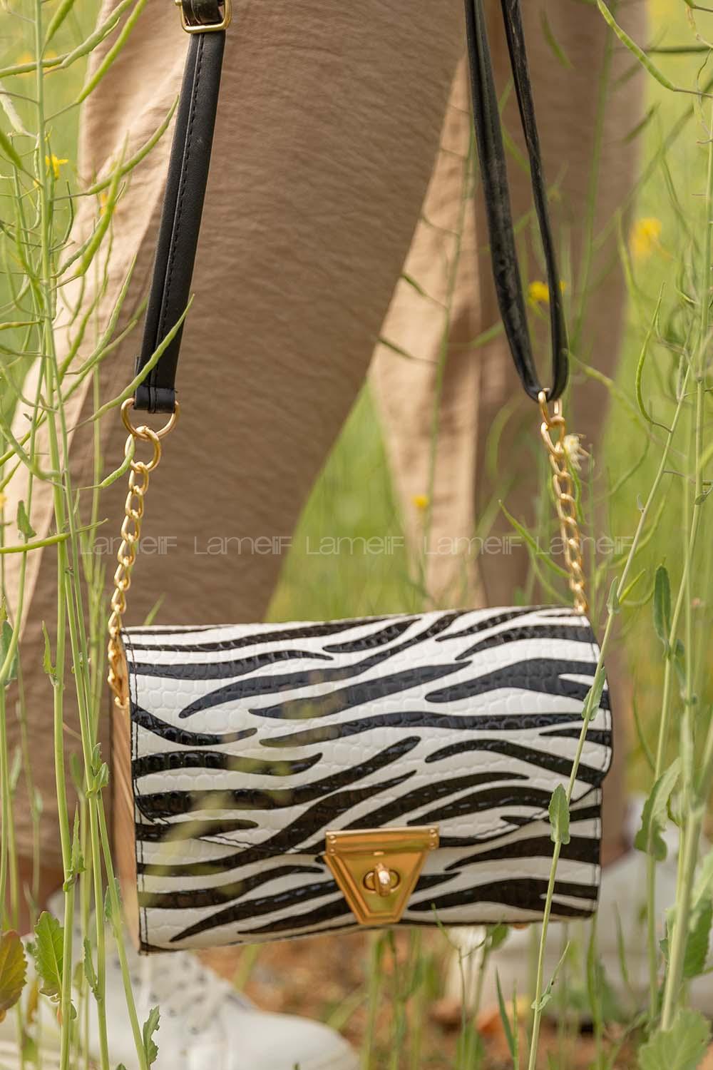 Modalamelif Zebra Desen Çapraz Çanta Ekru